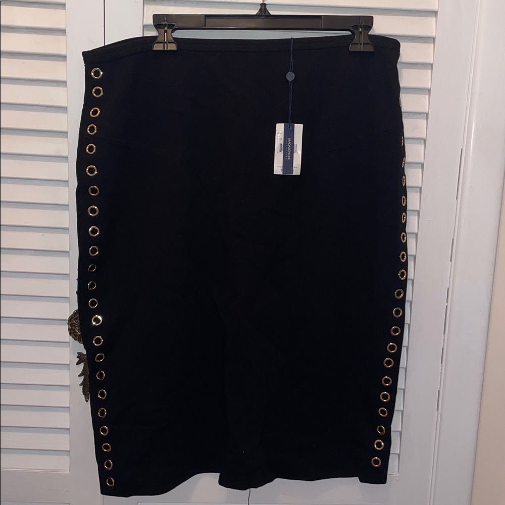 NWT Magaschoni Black midi Skirt with Gold Accents on a sides and back size 14